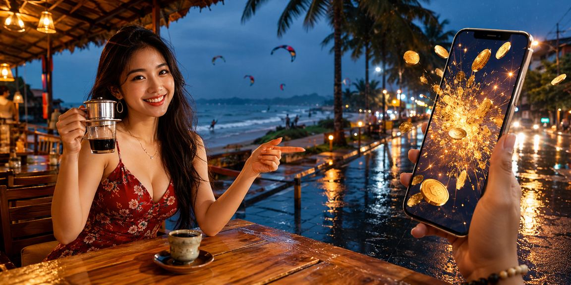 Người dùng kiểm tra thông tin thanh toán tại Mũi Né với cà phê